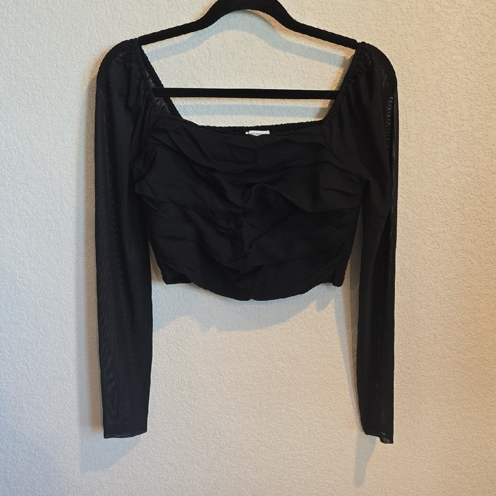 American Eagle Black Smocked Long Mesh Sleeve Crop Top Size Medium